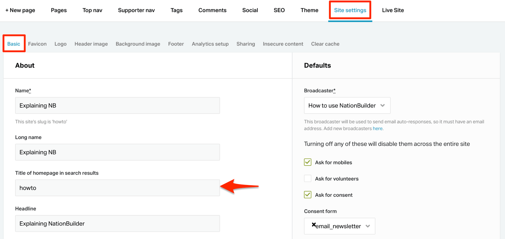 Editing the title of the homepage in search results