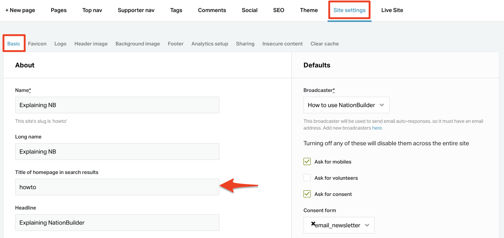 Editing the title of the homepage in search results
